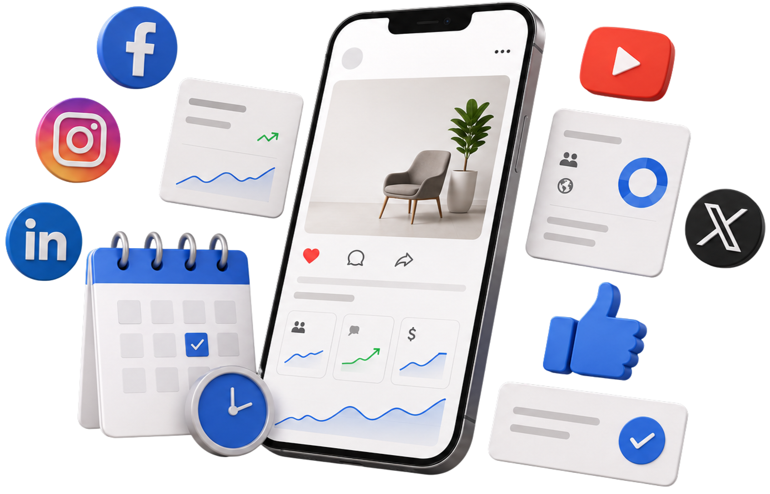 Social media marketing dashboard with platform icons